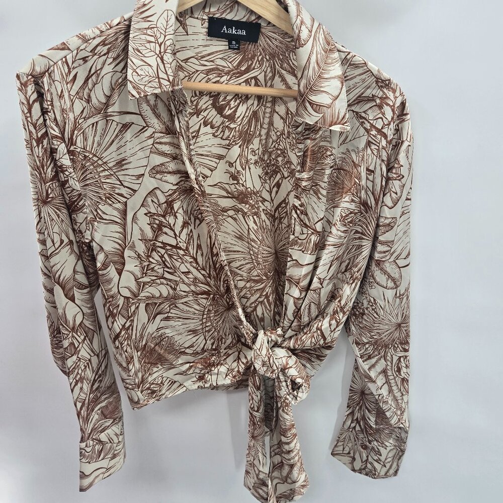 Aakaa Cream Brown Tie Front Tropical Netural Boho Botanical Open Blouse Small